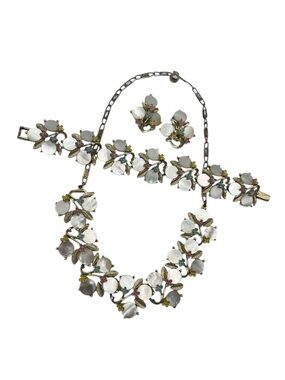 1950s MOP gold tne pink blue yellow enamel flower set earrings necklace bracelet